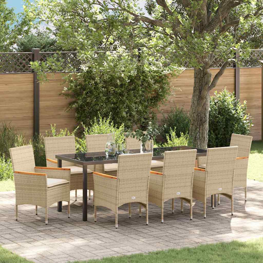 Tuin eettafelset met kussen 9 pcs Beige poly rattan – afbeelding 1