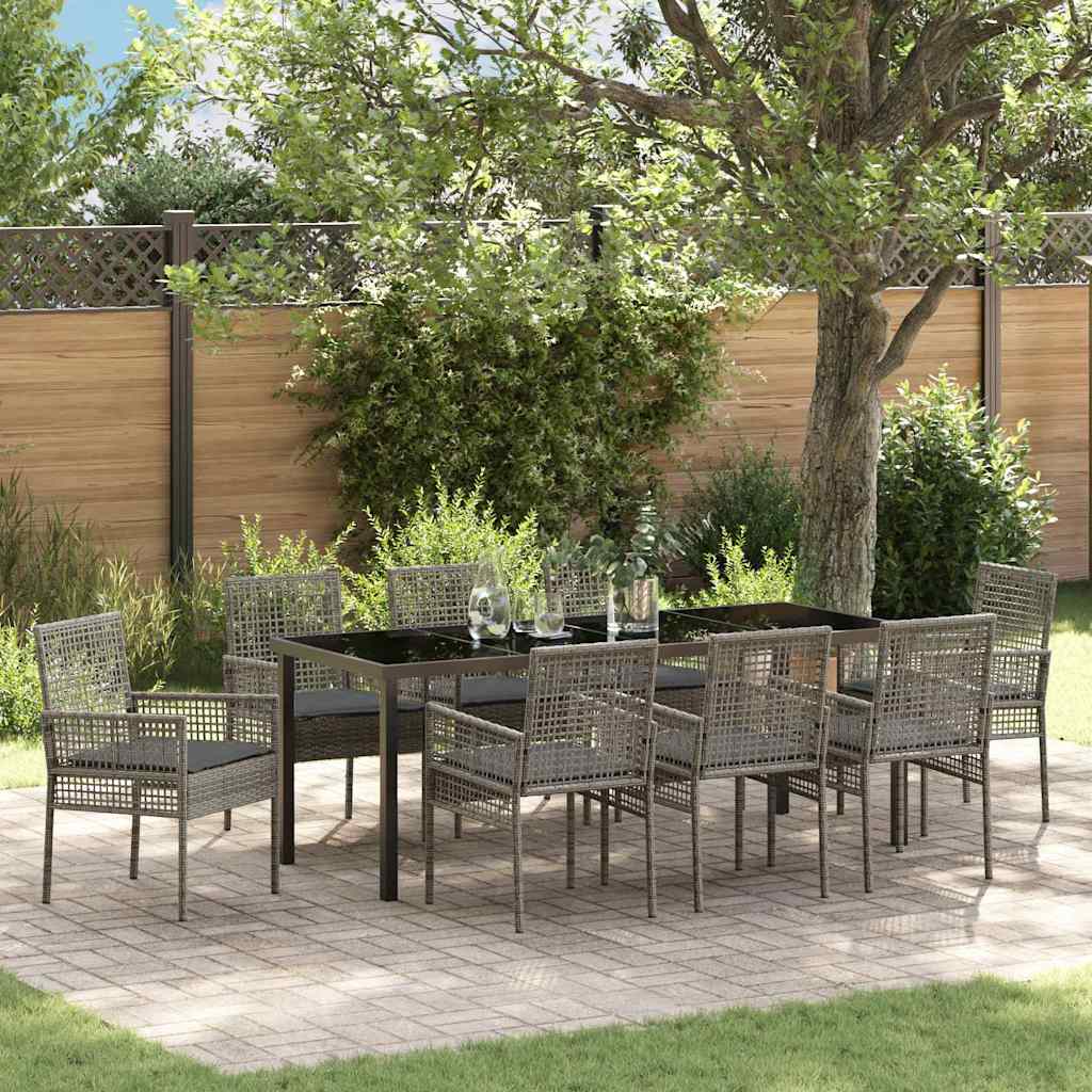 Tuin eettafelset met kussen 9 pcs Grijs poly rattan – afbeelding 1