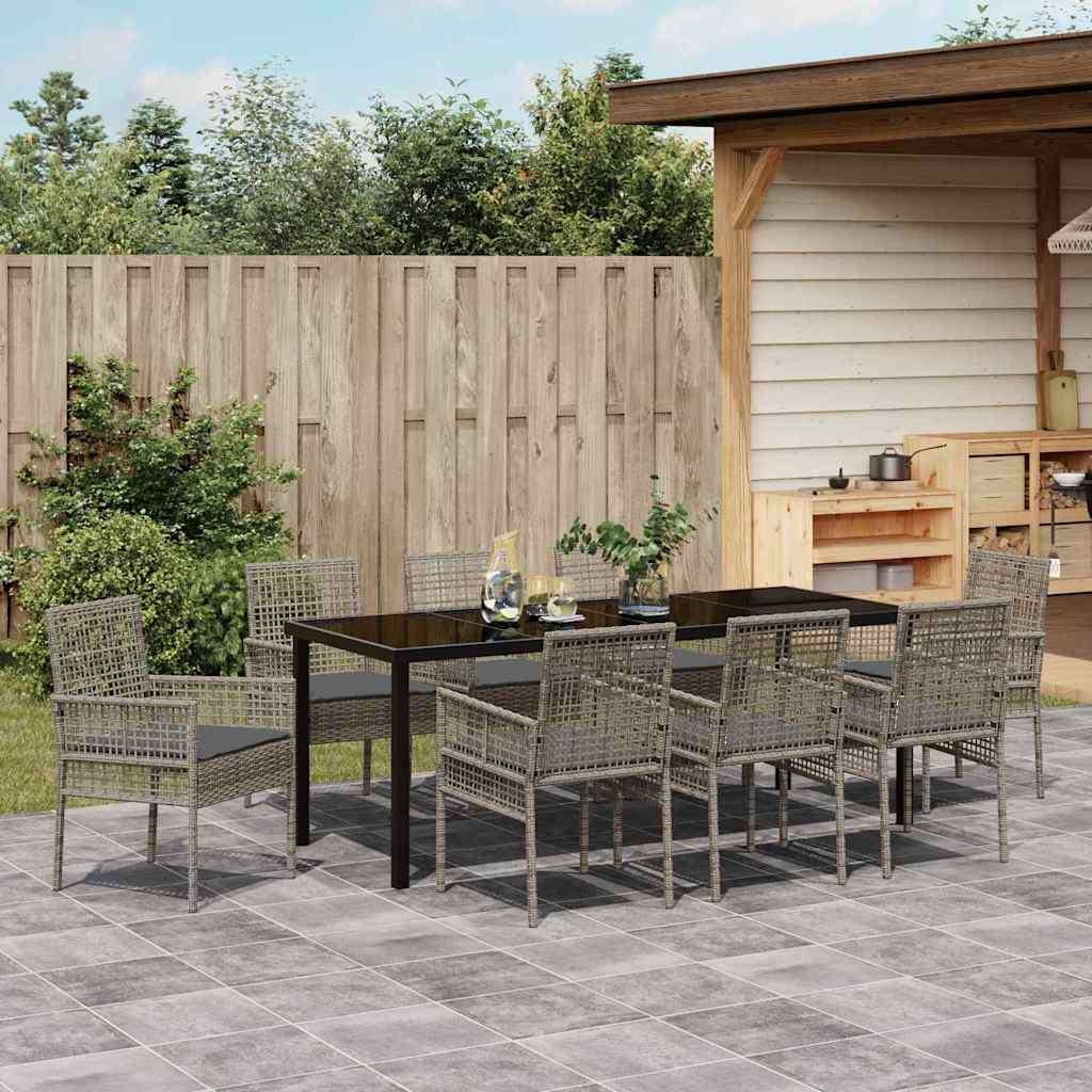 Tuin eettafelset met kussen 9 pcs Grijs poly rattan – afbeelding 4