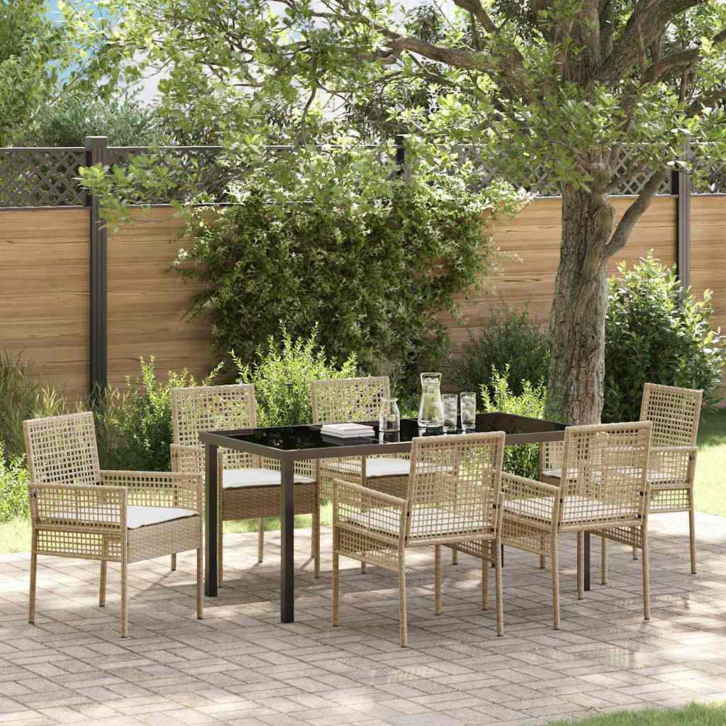 Tuin eettafelset met kussen 7 pcs Beige poly rattan – afbeelding 1