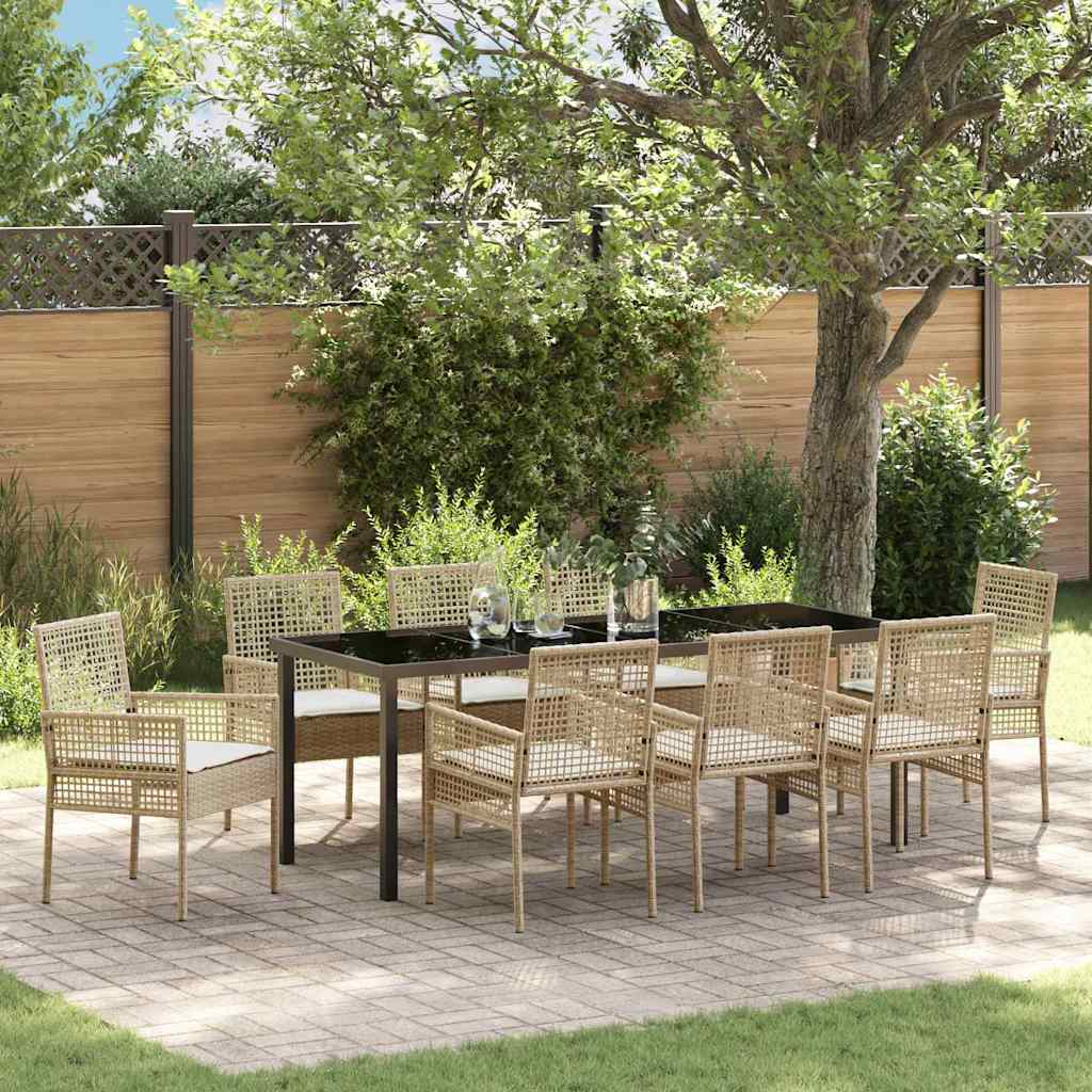 Tuin eettafelset met kussen 9 pcs Beige poly rattan – afbeelding 1