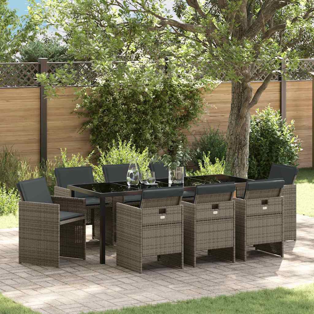 Tuin eettafelset met kussen 9 pcs Grijs poly rattan – afbeelding 1