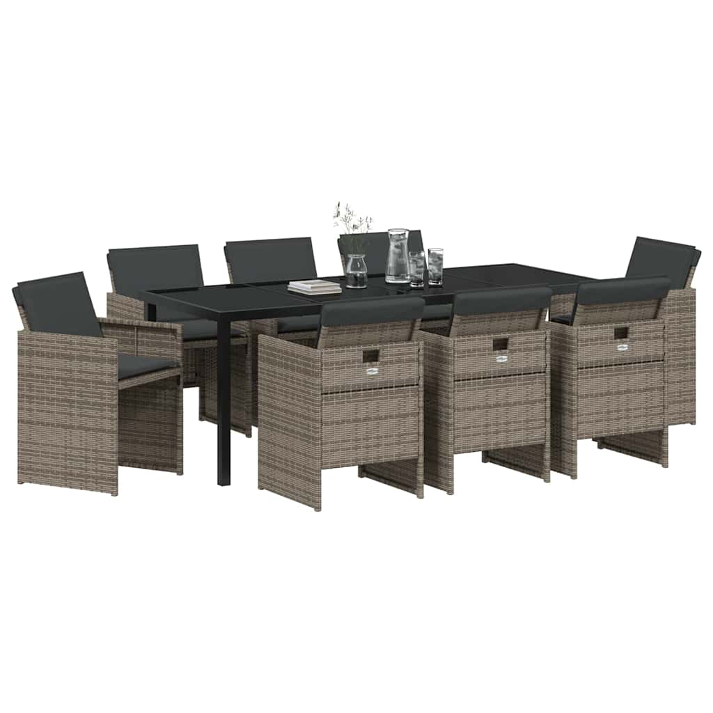 Tuin eettafelset met kussen 9 pcs Grijs poly rattan – afbeelding 3