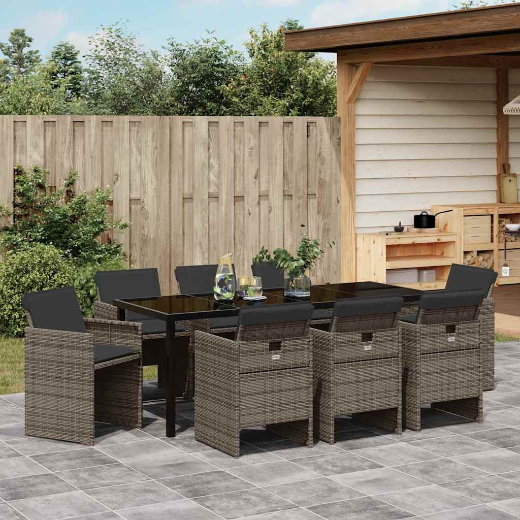Tuin eettafelset met kussen 9 pcs Grijs poly rattan – afbeelding 4