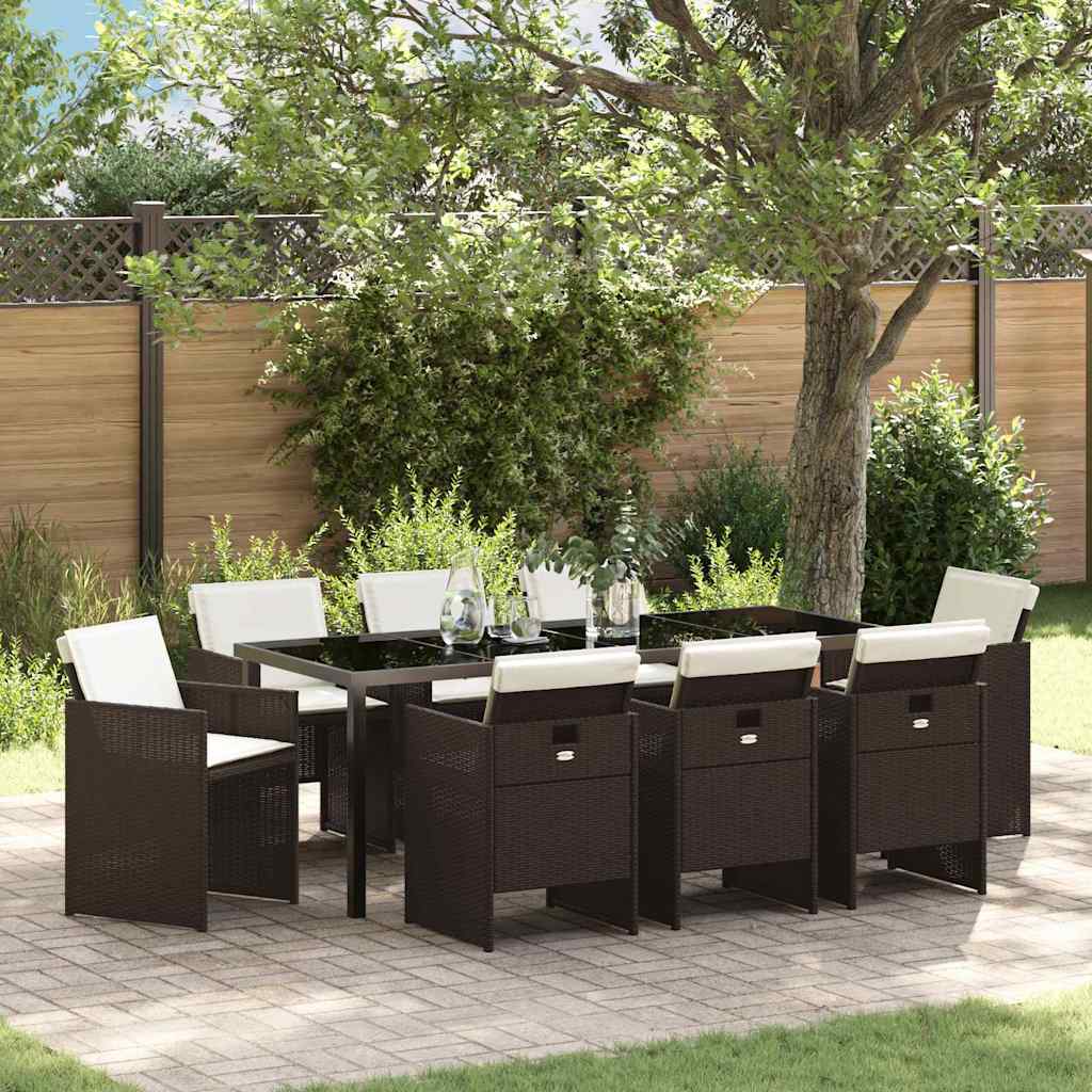 Tuin eettafelset met kussen 9 pcs Bruin poly rattan – afbeelding 1