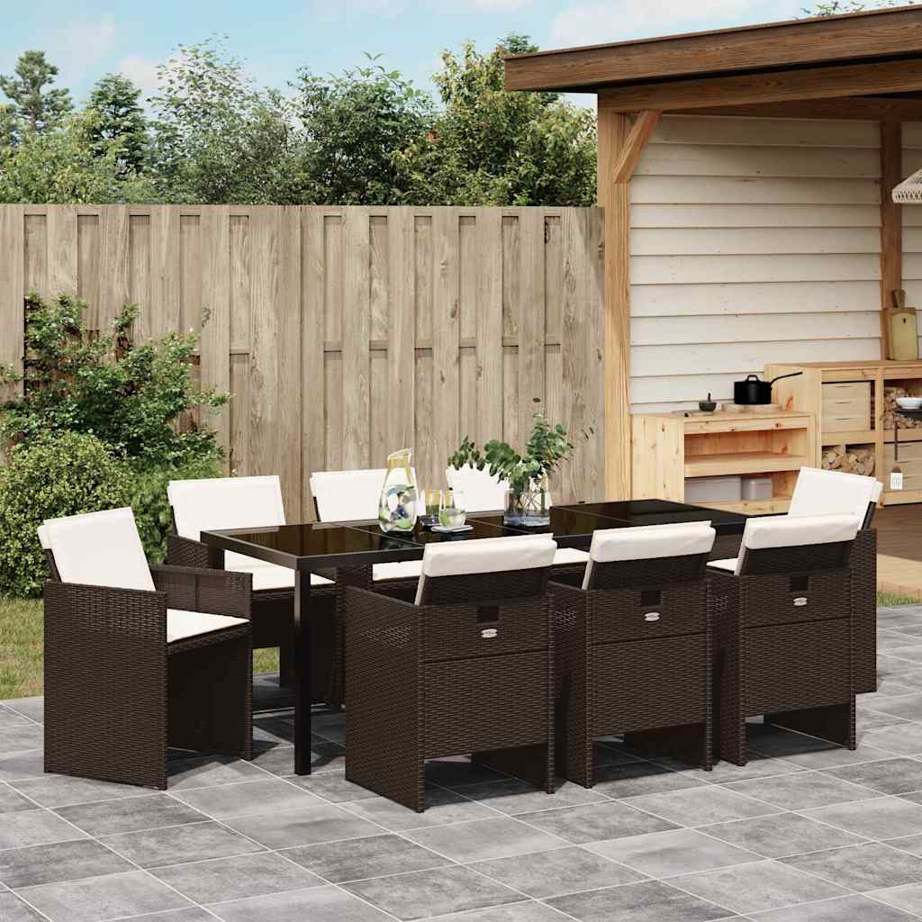 Tuin eettafelset met kussen 9 pcs Bruin poly rattan – afbeelding 4