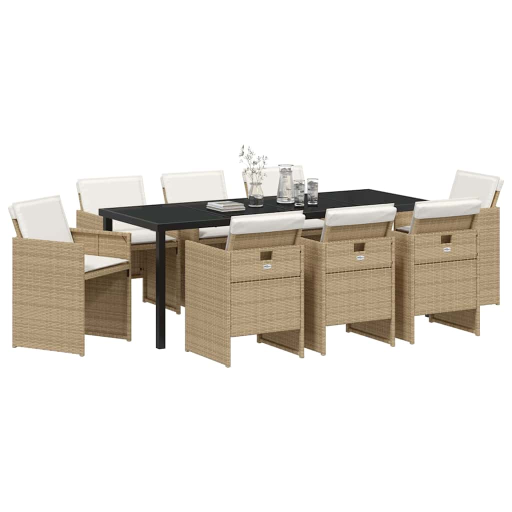 Tuin eettafelset met kussen 9 pcs Beige poly rattan – afbeelding 3