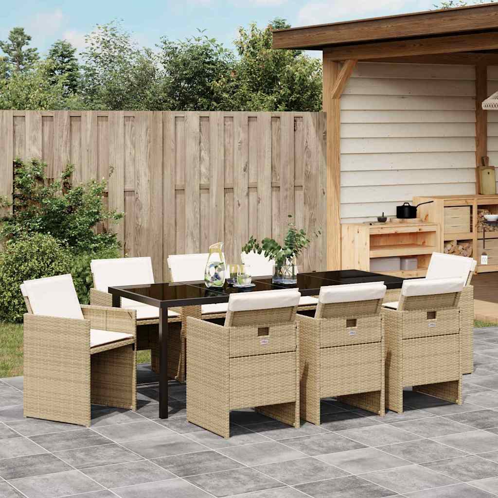 Tuin eettafelset met kussen 9 pcs Beige poly rattan – afbeelding 4