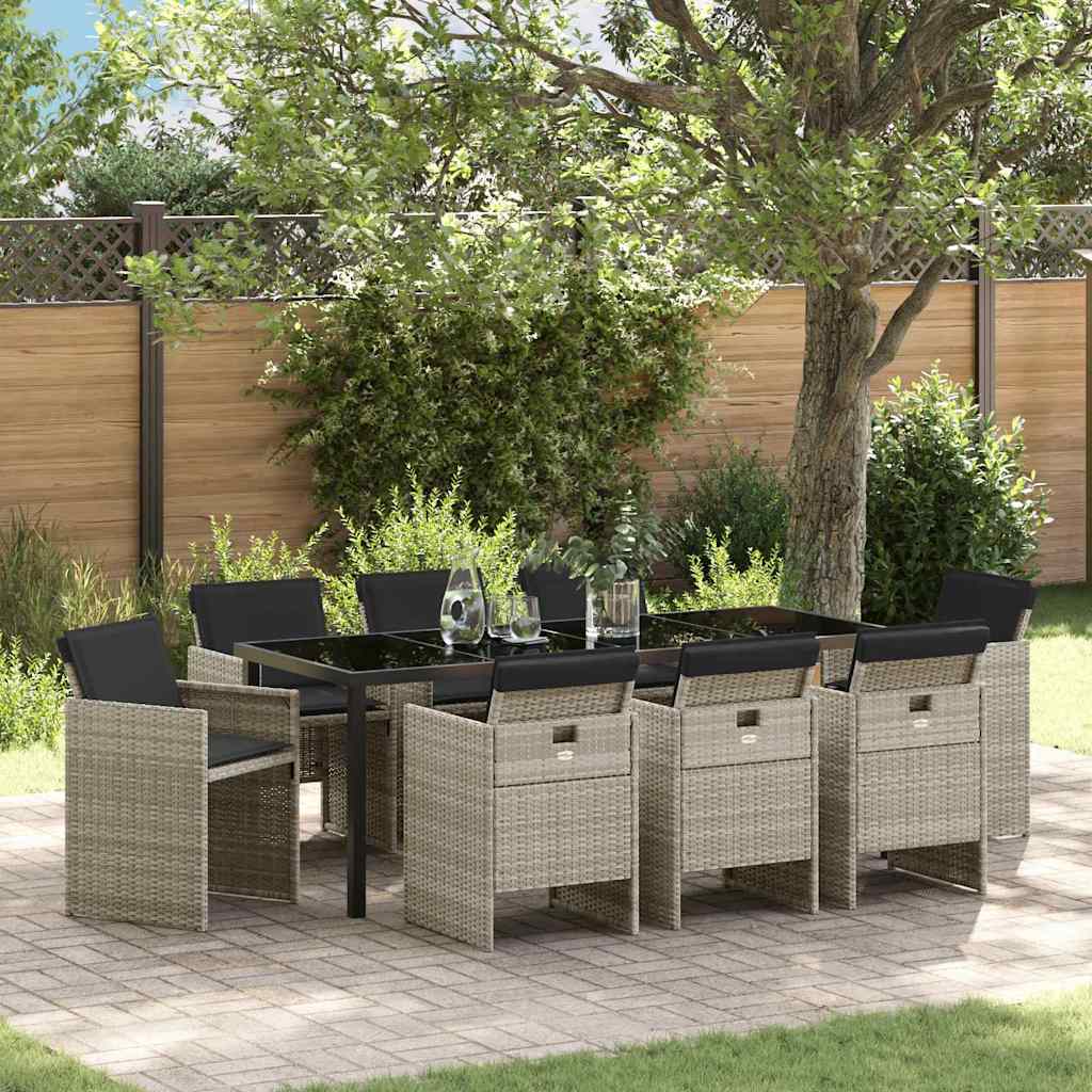 Tuin eettafelset met kussen 9 pcs Lichtgrijs poly rattan – afbeelding 1