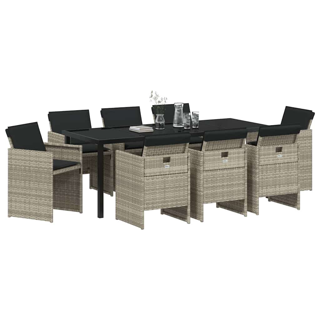 Tuin eettafelset met kussen 9 pcs Lichtgrijs poly rattan – afbeelding 3