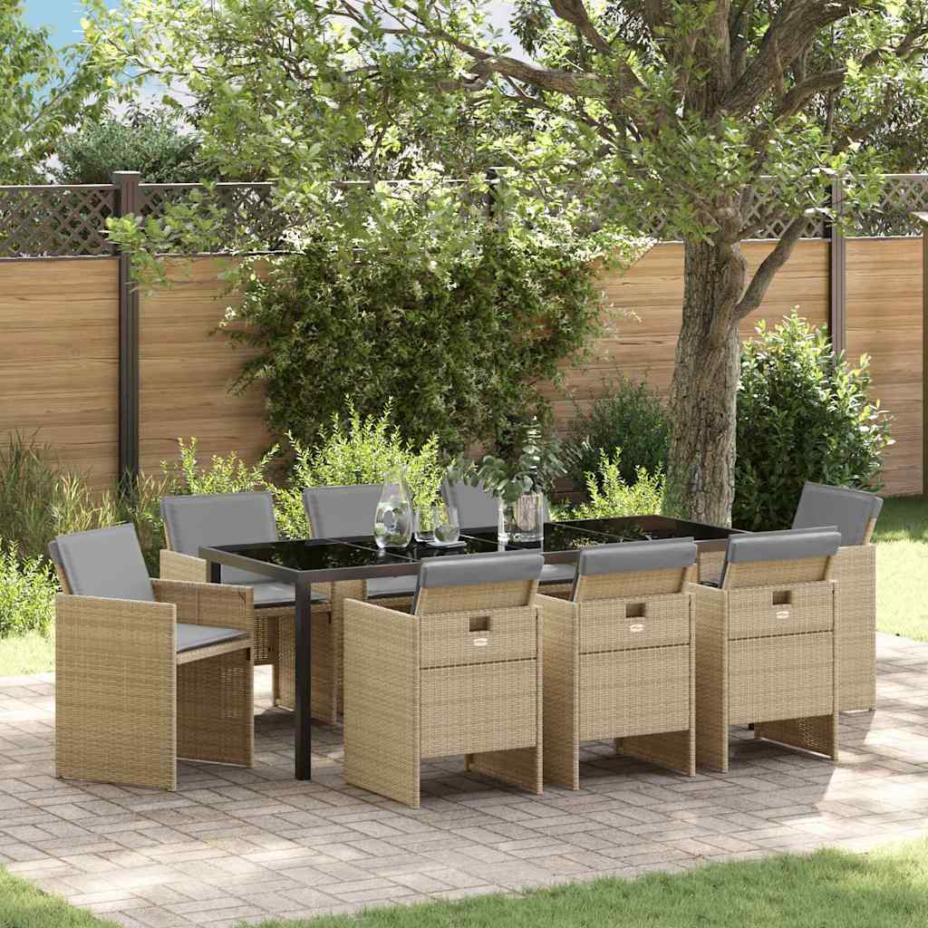 Tuin eettafelset met kussen 9 pcs Beige poly rattan – afbeelding 1