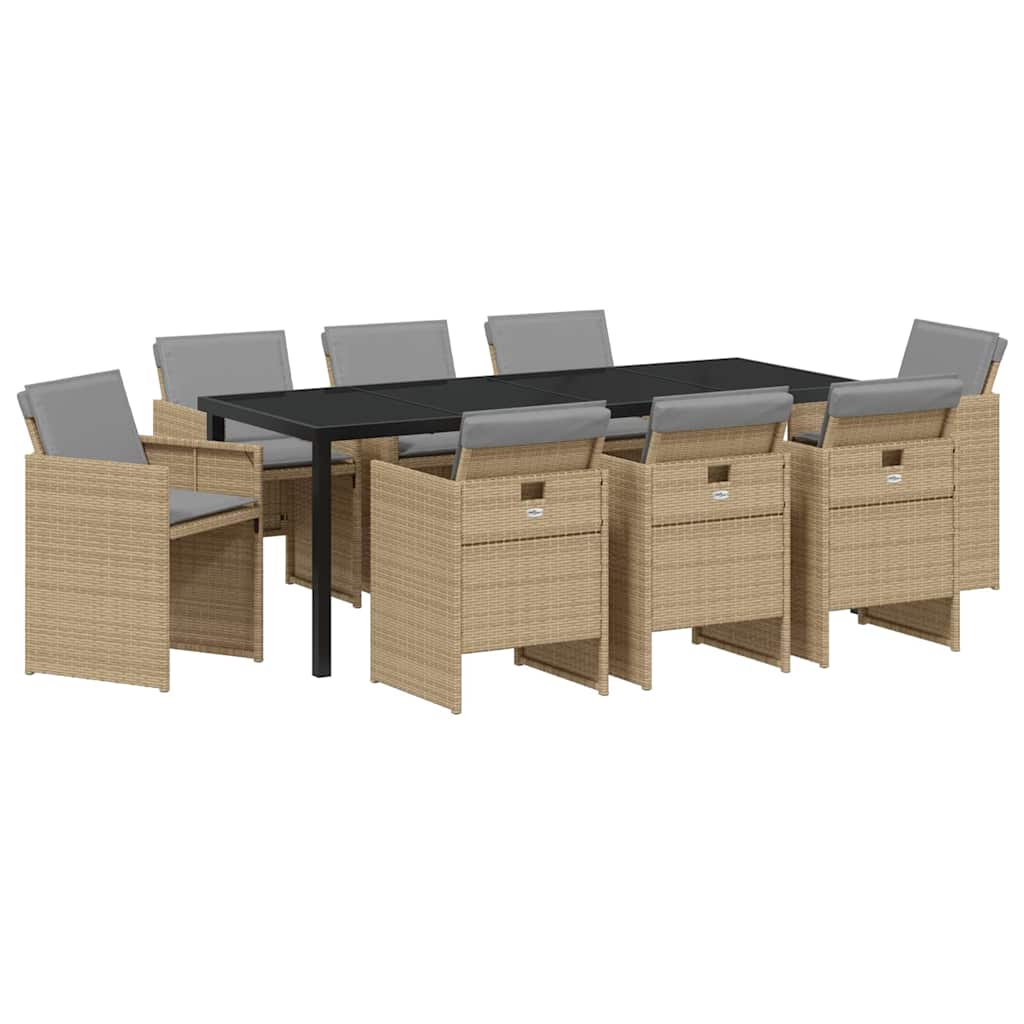Tuin eettafelset met kussen 9 pcs Beige poly rattan – afbeelding 2