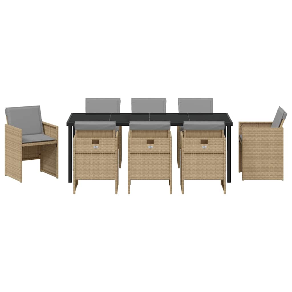 Tuin eettafelset met kussen 9 pcs Beige poly rattan – afbeelding 7