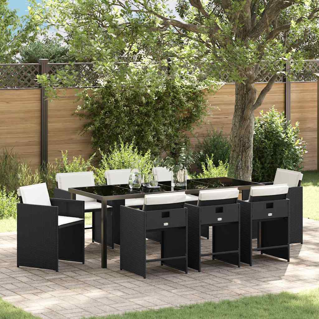 Tuin eettafelset met kussen 9 pcs Zwart poly rattan – afbeelding 1