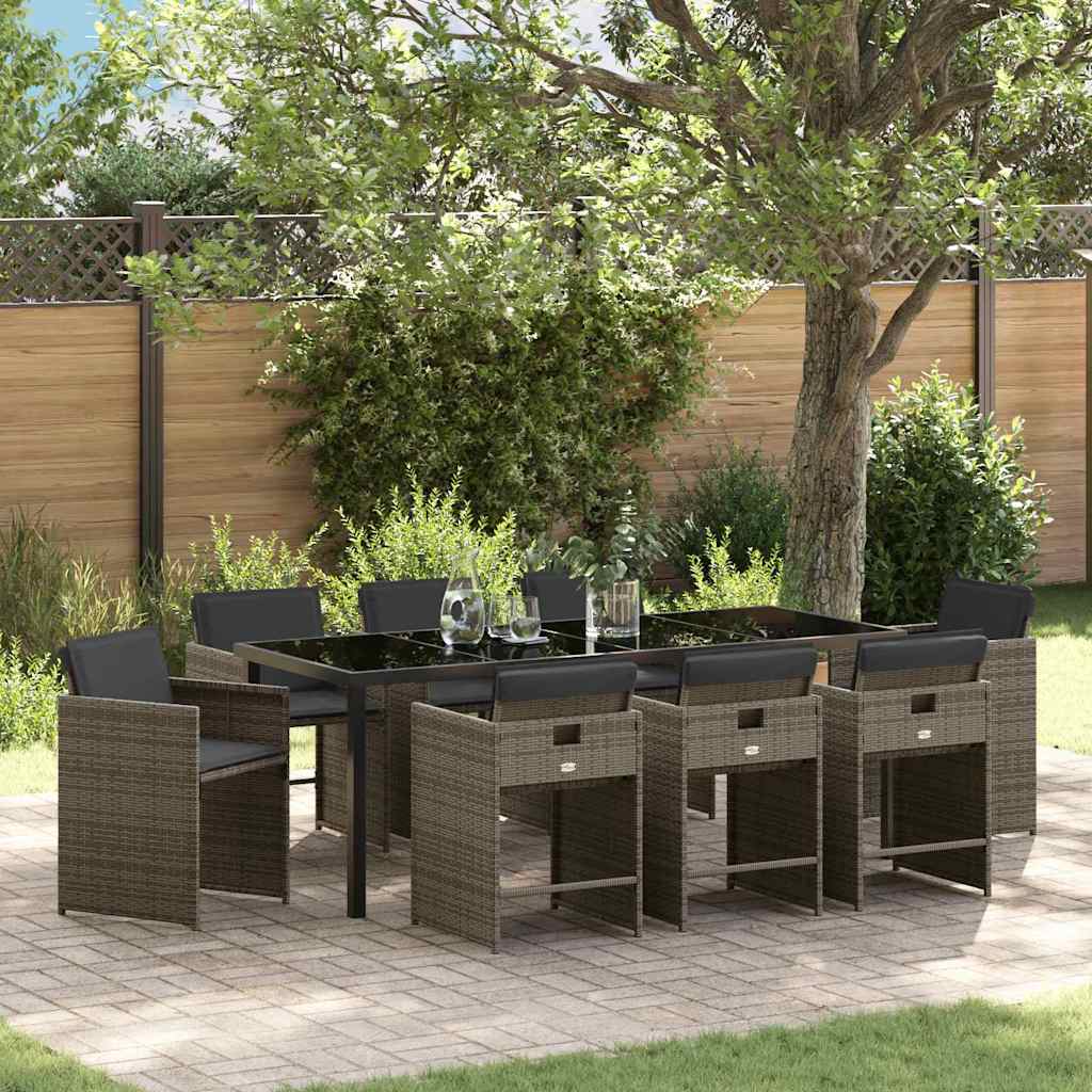 Tuin eettafelset met kussen 9 pcs Grijs poly rattan – afbeelding 1