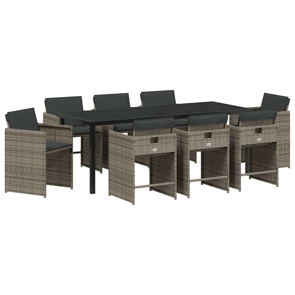 Tuin eettafelset met kussen 9 pcs Grijs poly rattan – afbeelding 2