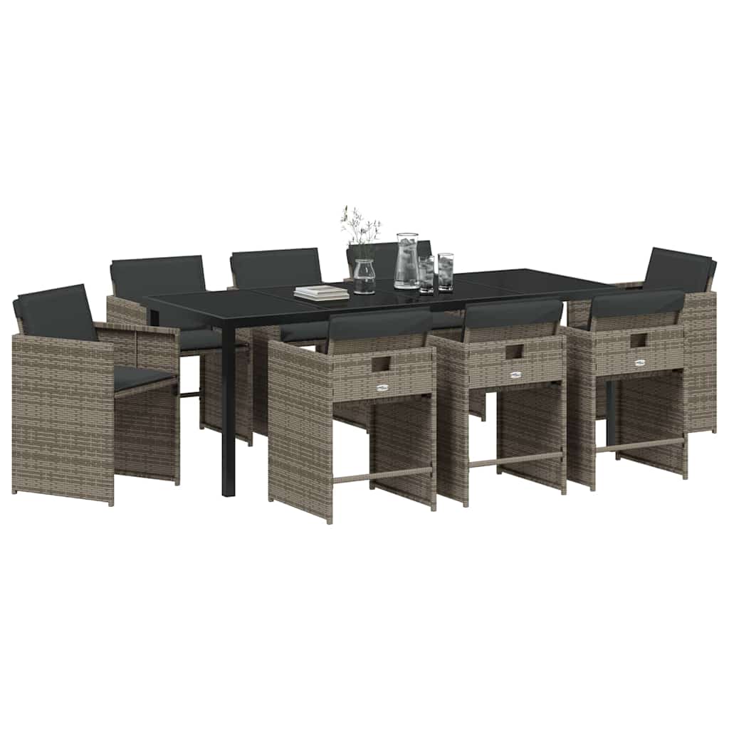 Tuin eettafelset met kussen 9 pcs Grijs poly rattan – afbeelding 3