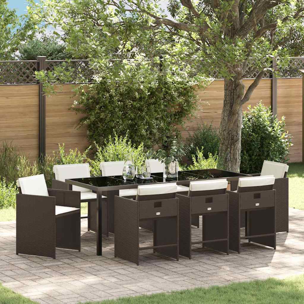 Tuin eettafelset met kussen 9 pcs Bruin poly rattan – afbeelding 1