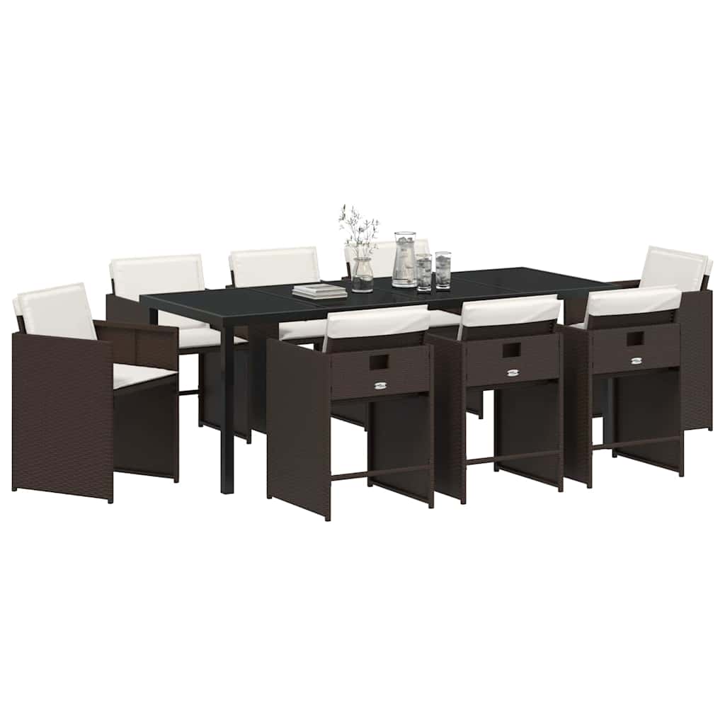 Tuin eettafelset met kussen 9 pcs Bruin poly rattan – afbeelding 3