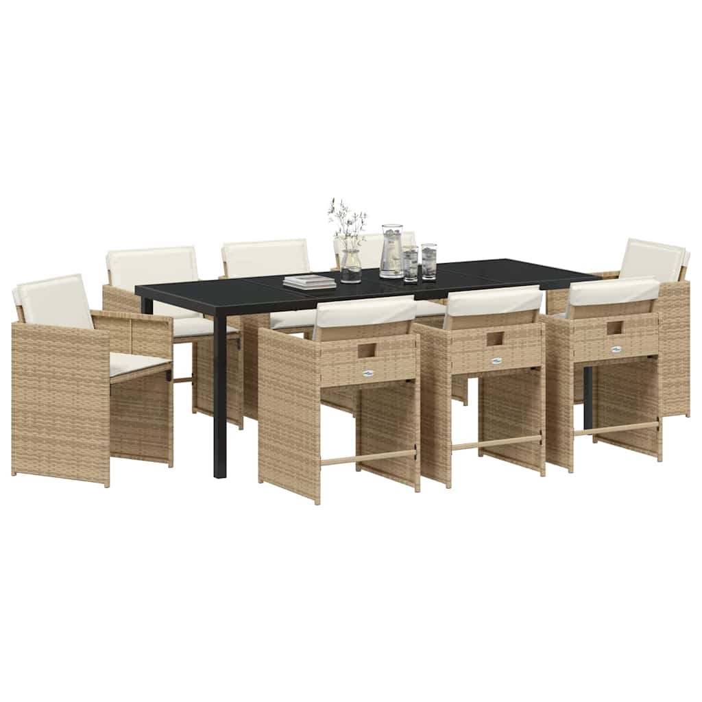 Tuin eettafelset met kussen 9 pcs Beige poly rattan – afbeelding 3