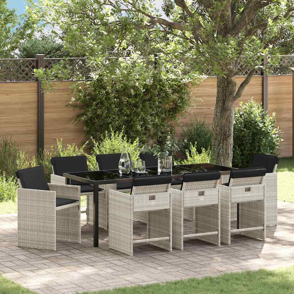 Tuin eettafelset met kussen 9 pcs Lichtgrijs poly rattan – afbeelding 1