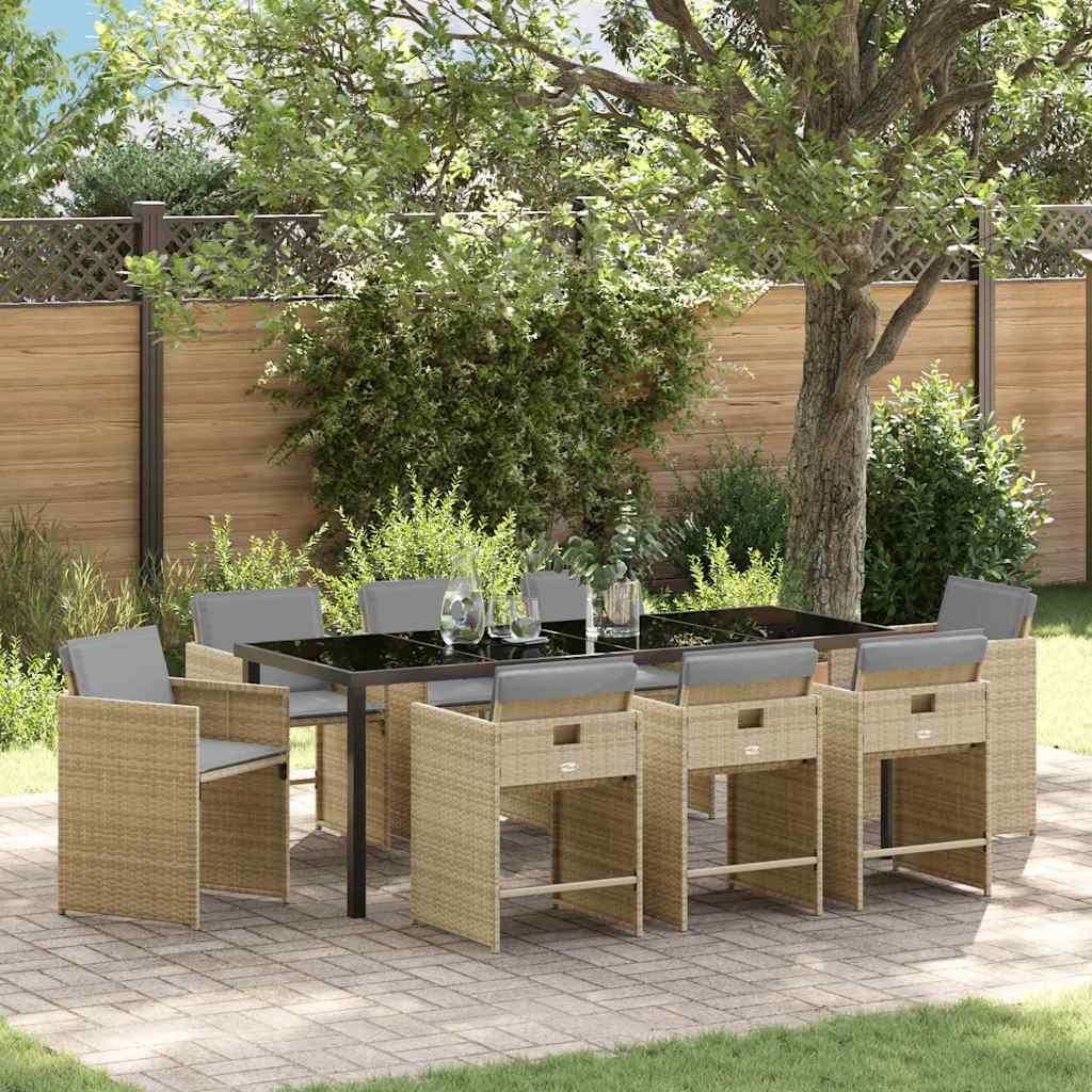 Tuin eettafelset met kussen 9 pcs Beige poly rattan – afbeelding 1