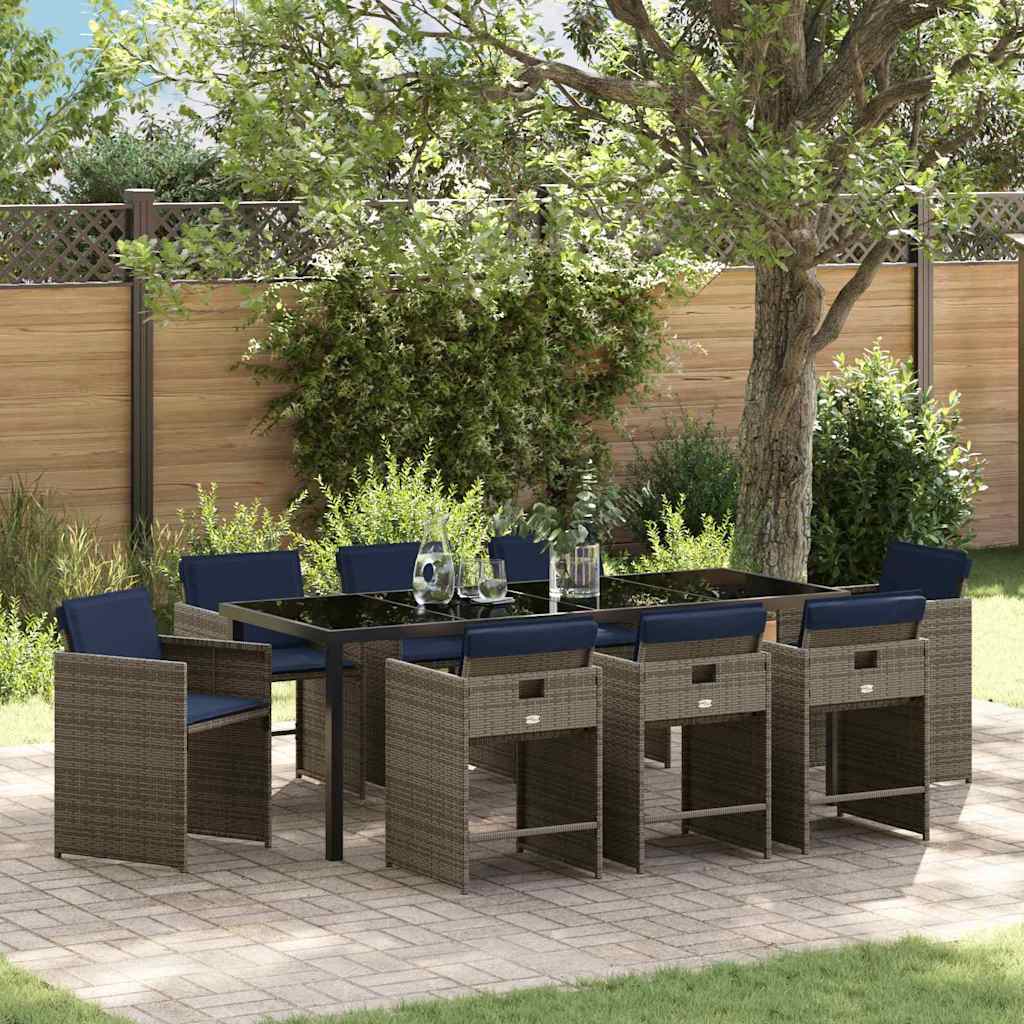 Tuin eettafelset met kussen 9 pcs Grijs poly rattan – afbeelding 1