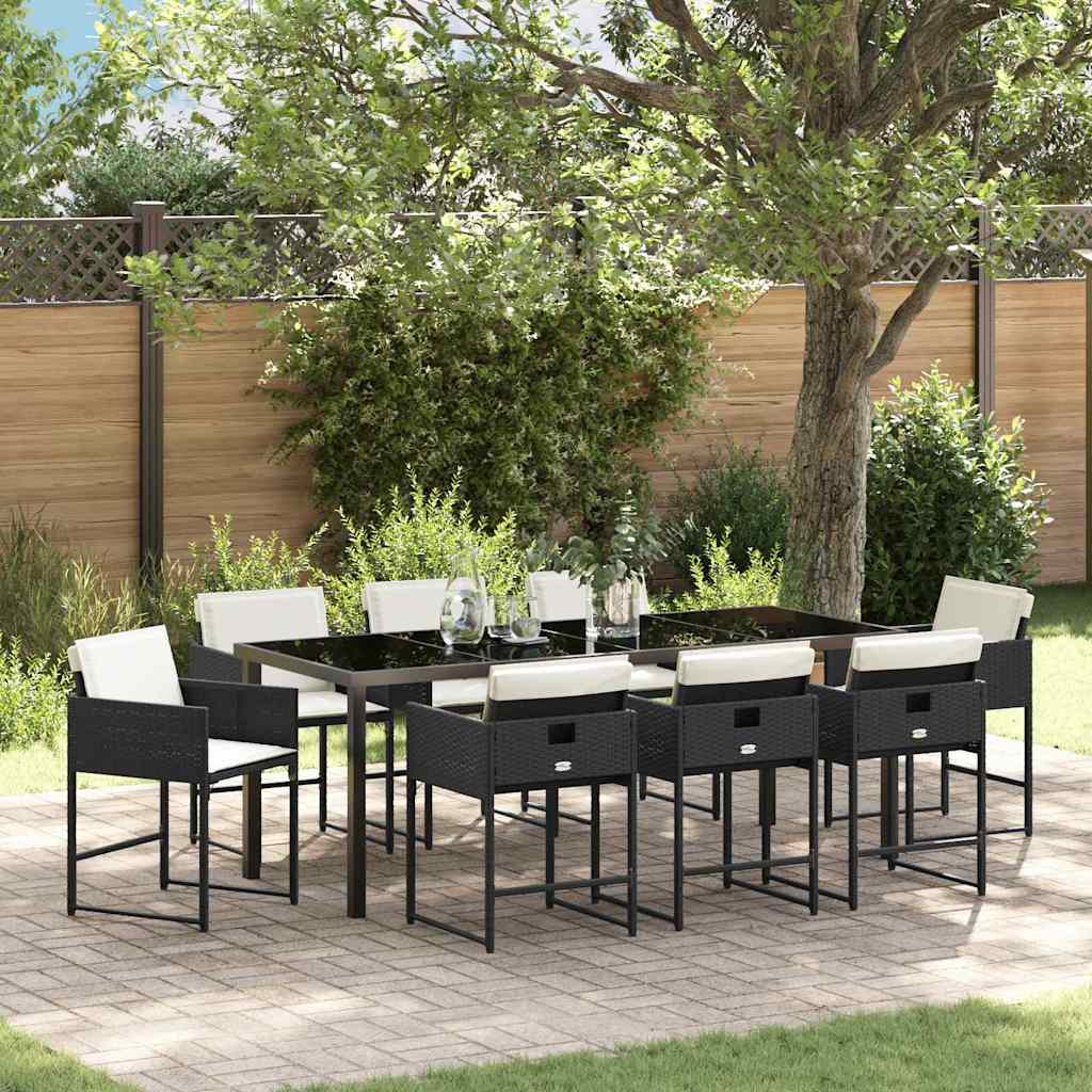 Tuin eettafelset met kussen 9 pcs Zwart poly rattan – afbeelding 1