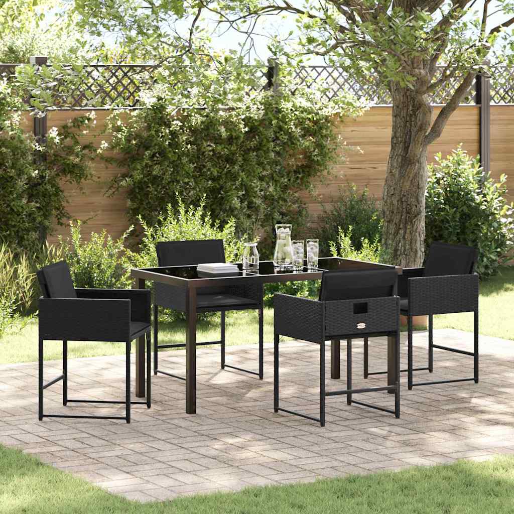 Tuin eettafelset met kussen 5 pcs Zwart poly rattan – afbeelding 1