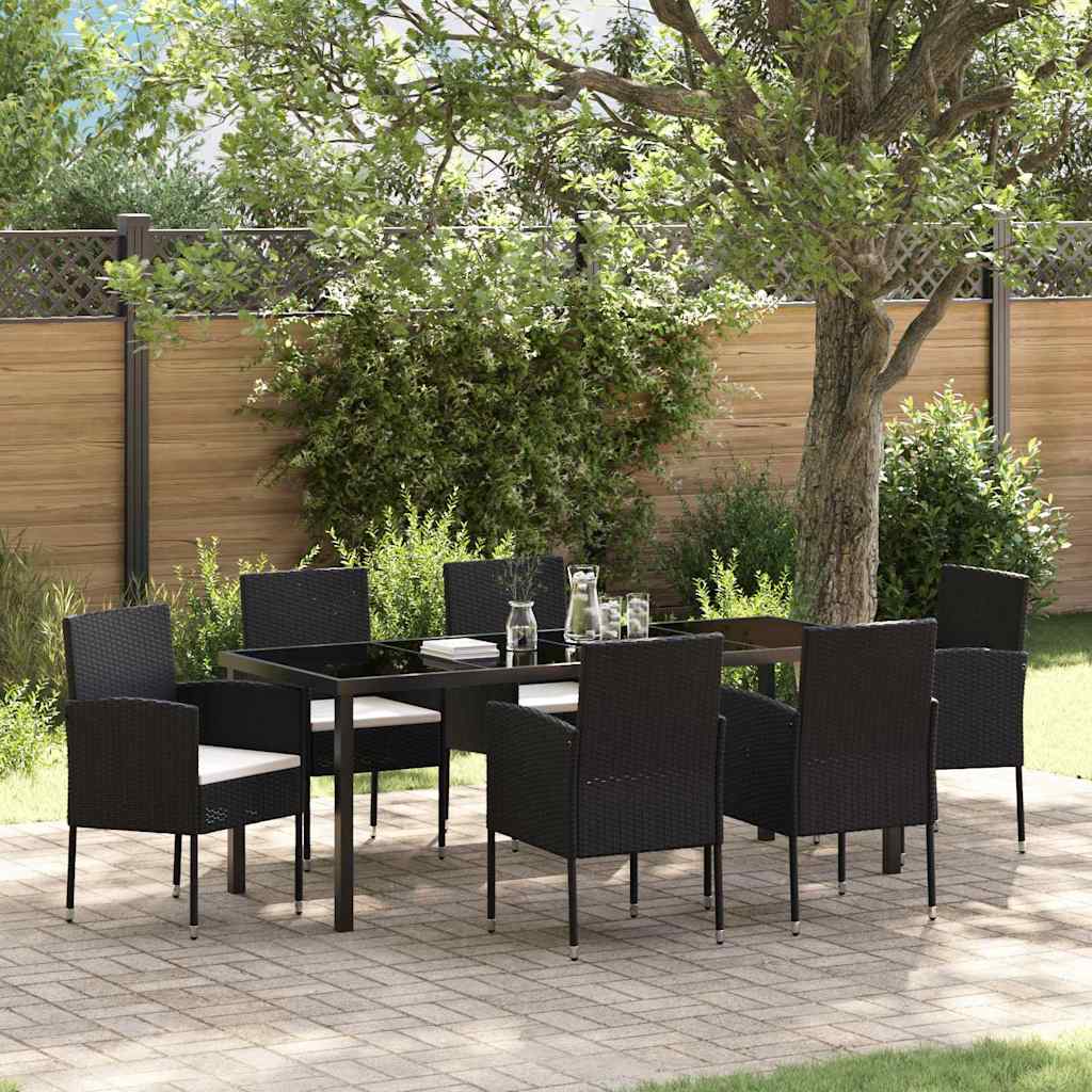 Tuin eettafelset met kussen 7 pcs Zwart poly rattan – afbeelding 1