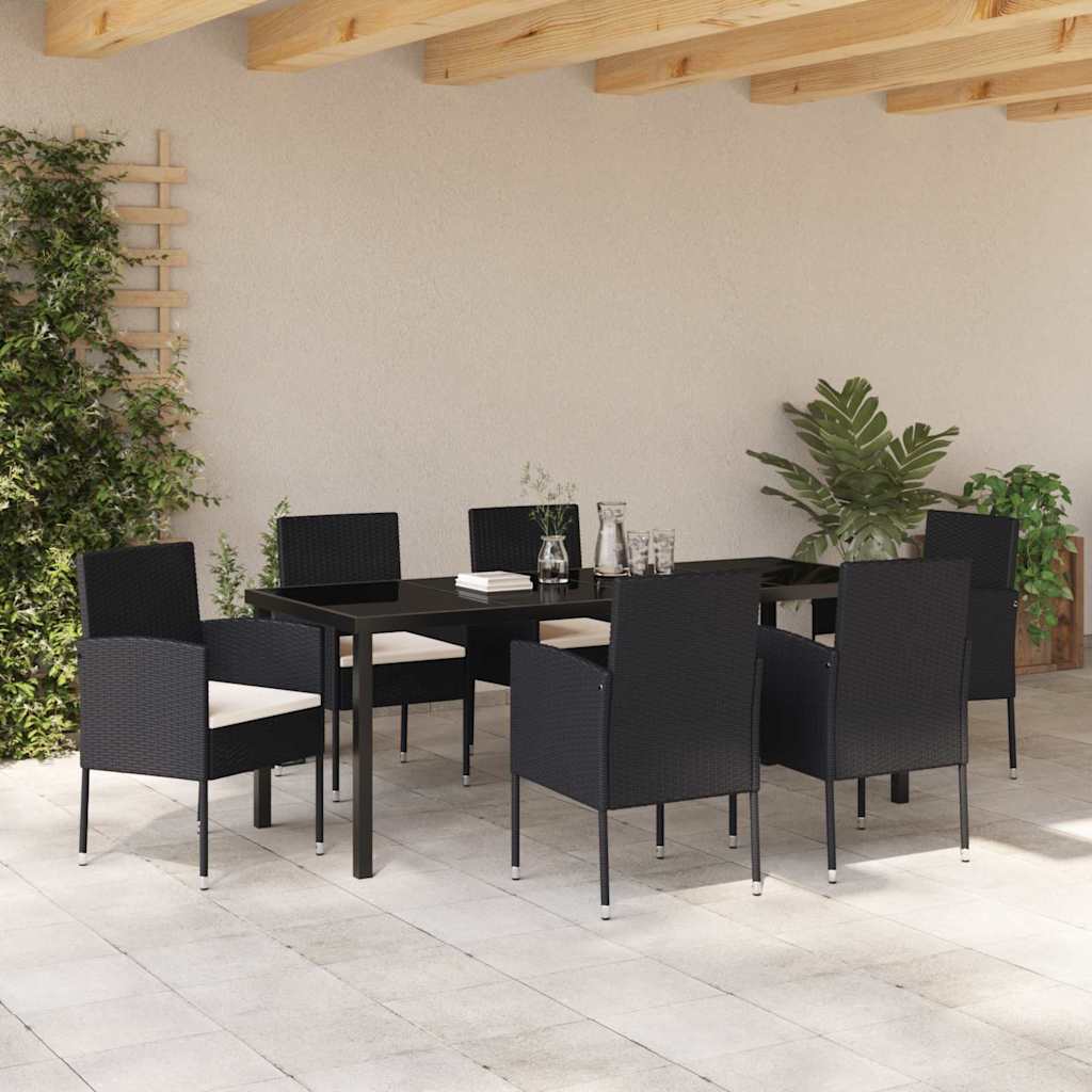 Tuin eettafelset met kussen 7 pcs Zwart poly rattan – afbeelding 4