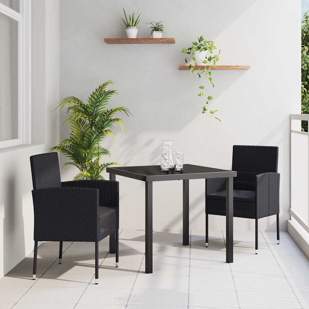 Tuin eettafelset met kussen 3 pcs Zwart poly rattan – afbeelding 1