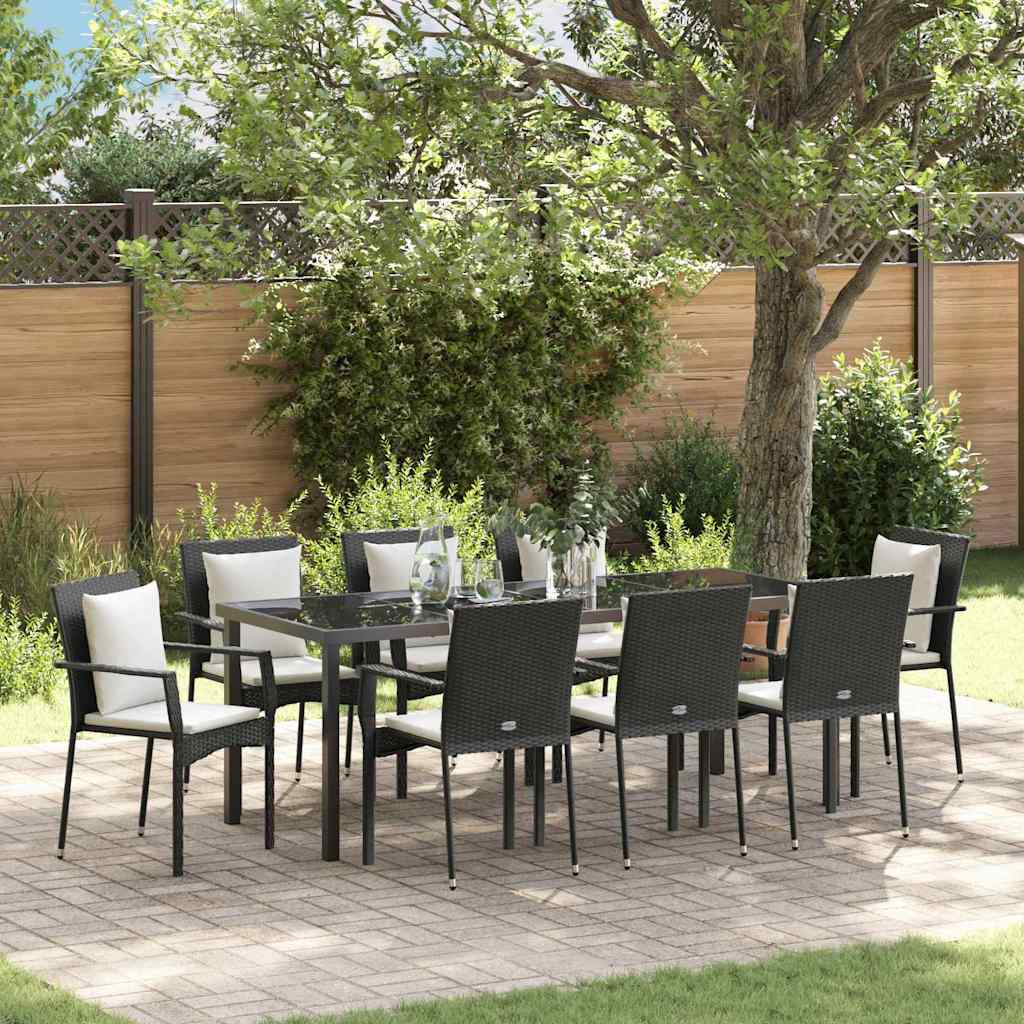 Tuin eettafelset met kussen 9 pcs Zwart poly rattan – afbeelding 1