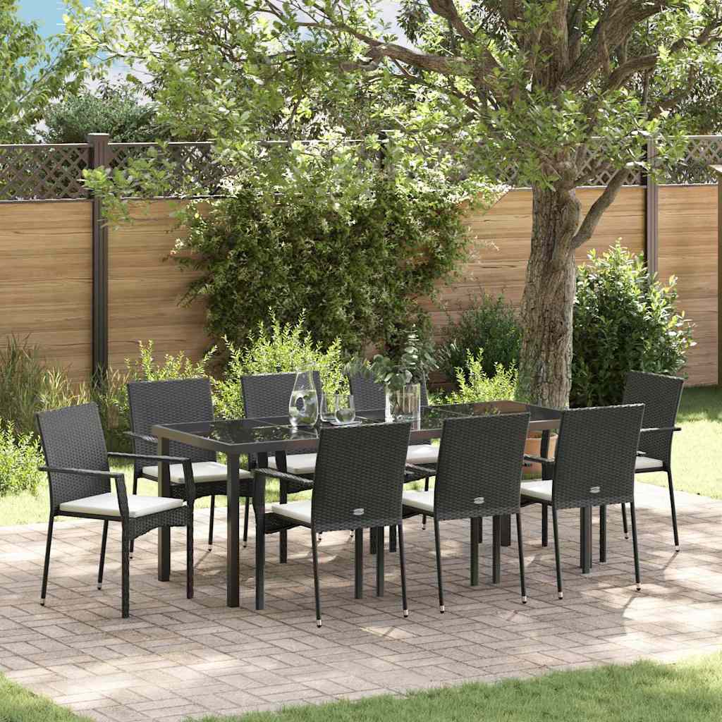 Tuin eettafelset met kussen 9 pcs Zwart poly rattan – afbeelding 1