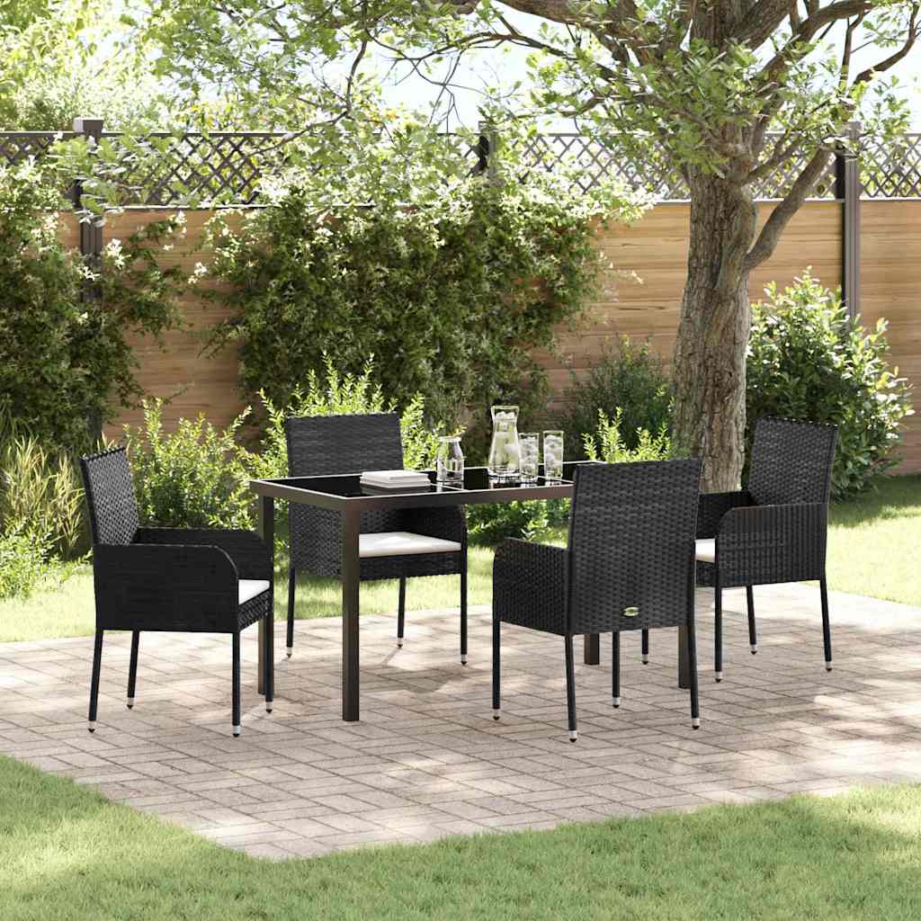 Tuin eettafelset met kussen 5 pcs Zwart poly rattan