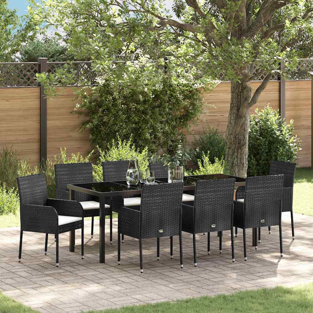 Tuin eettafelset met kussen 9 pcs Zwart poly rattan – afbeelding 1