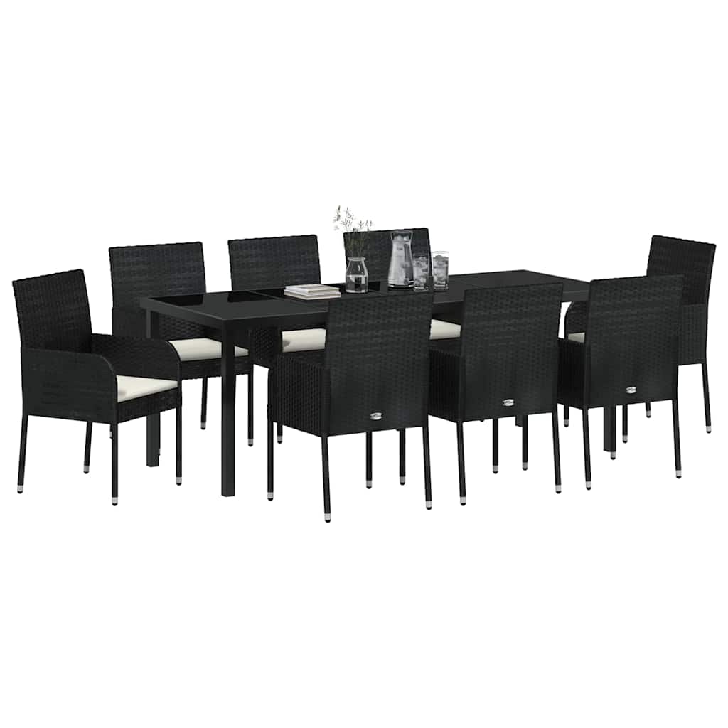 Tuin eettafelset met kussen 9 pcs Zwart poly rattan – afbeelding 3