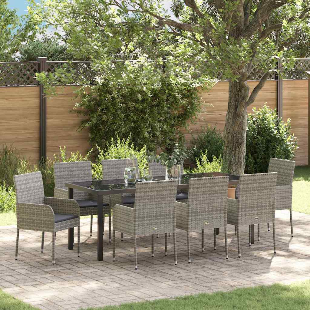 Tuin eettafelset met kussen 9 pcs Grijs poly rattan – afbeelding 1