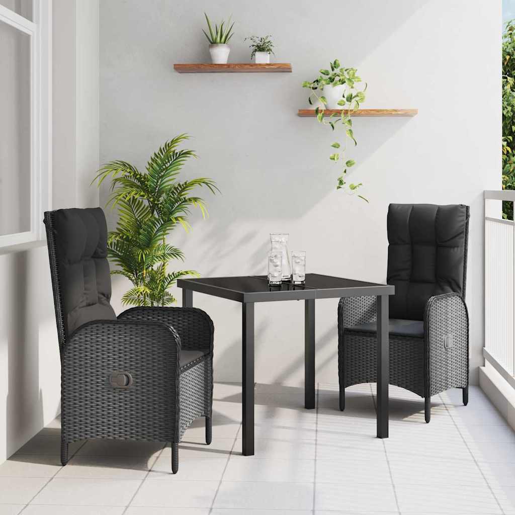 Tuin eettafelset met kussen 3 pcs Zwart poly rattan – afbeelding 1