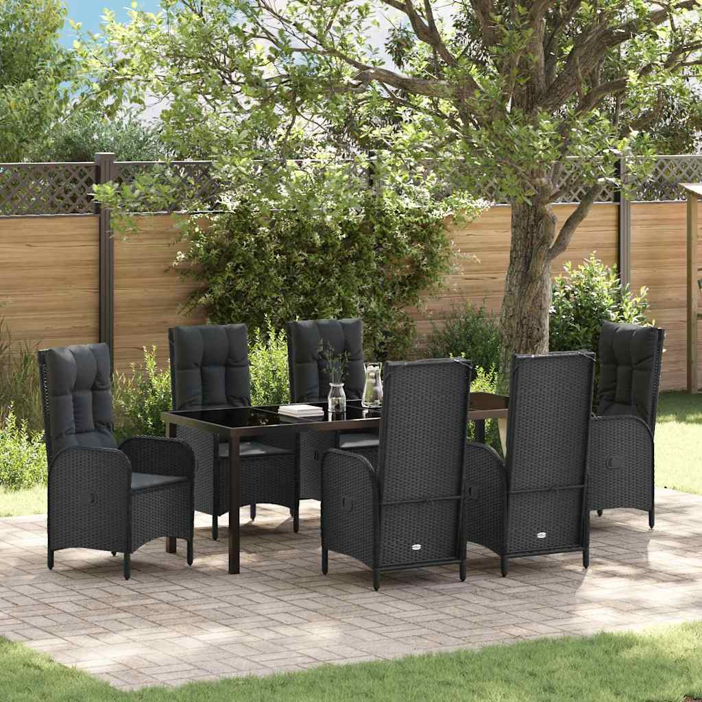 Tuin eettafelset met kussen 7 pcs Zwart poly rattan – afbeelding 1