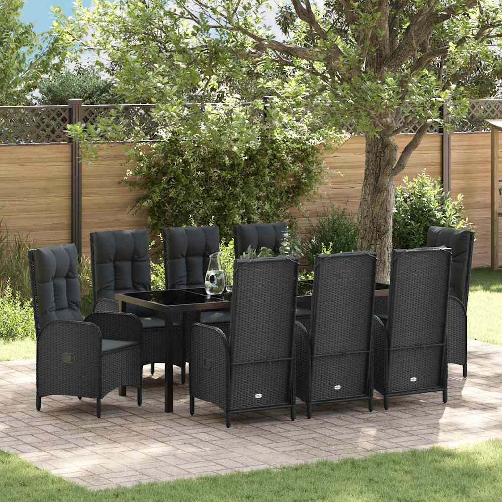Tuin eettafelset met kussen 9 pcs Zwart poly rattan – afbeelding 1