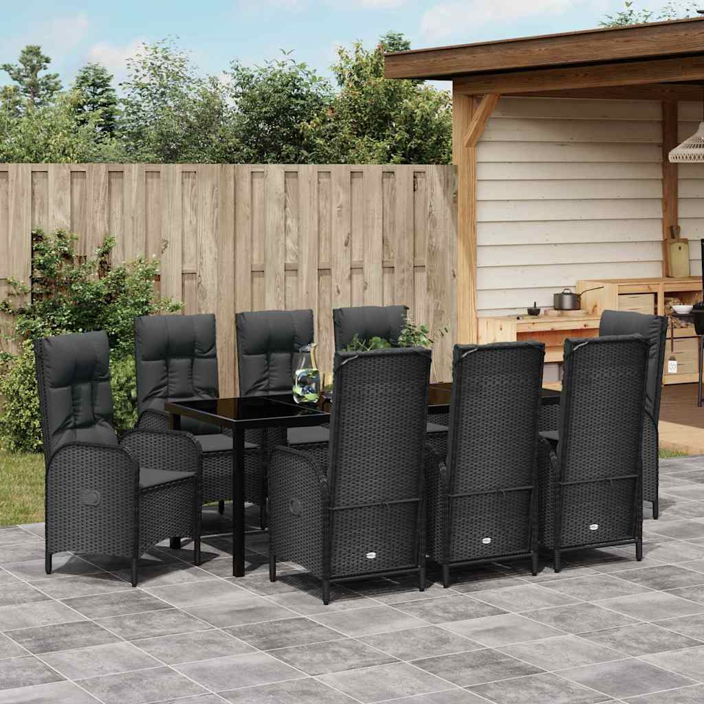 Tuin eettafelset met kussen 9 pcs Zwart poly rattan – afbeelding 4