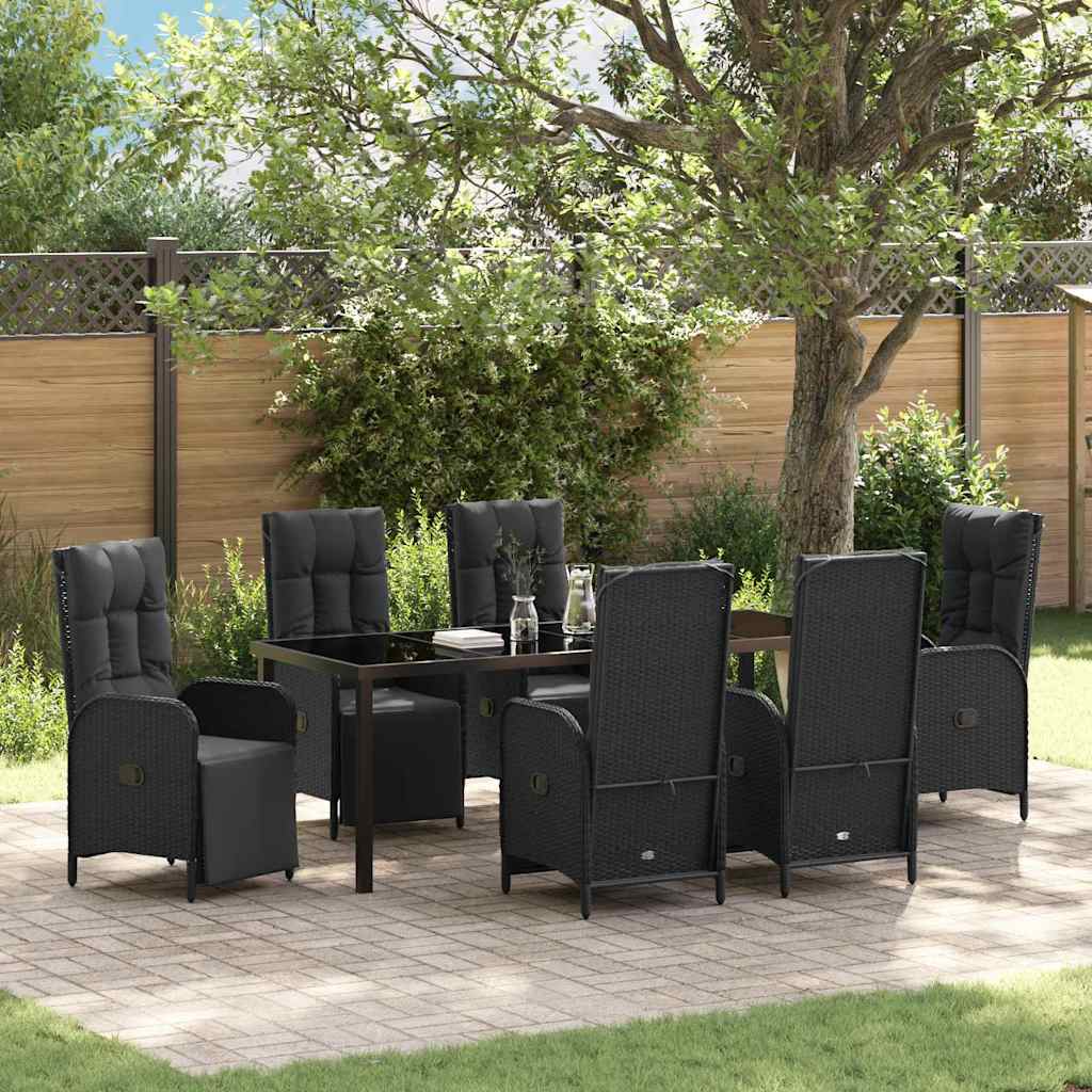 Tuin eettafelset met kussen 7 pcs Zwart poly rattan – afbeelding 1