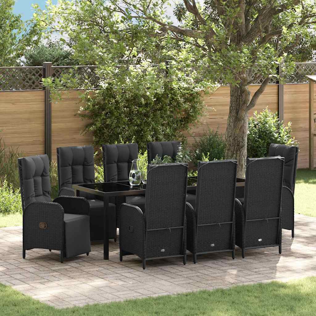 Tuin eettafelset met kussen 9 pcs Zwart poly rattan – afbeelding 1