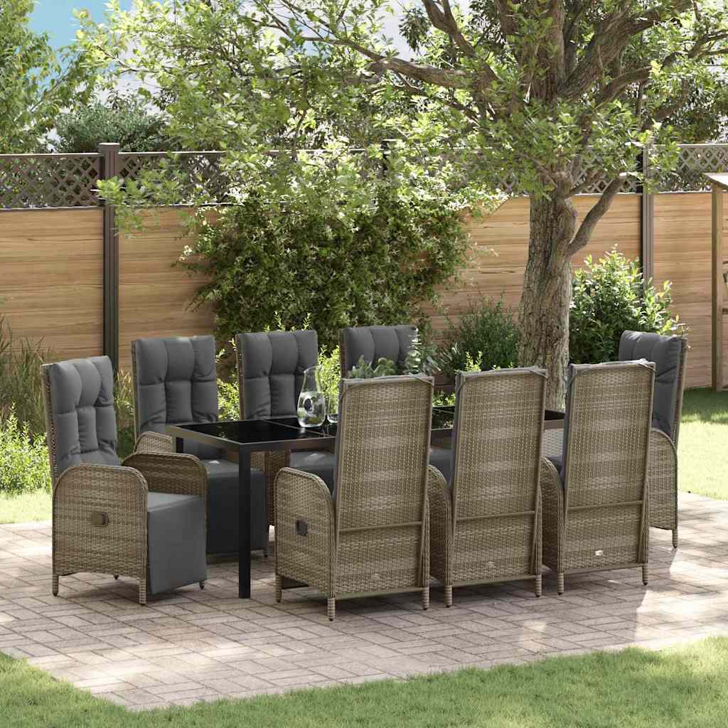 Tuin eettafelset met kussen 9 pcs Grijs poly rattan – afbeelding 1