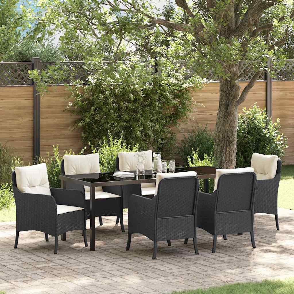Tuin eettafelset met kussen 7 pcs Zwart poly rattan – afbeelding 1