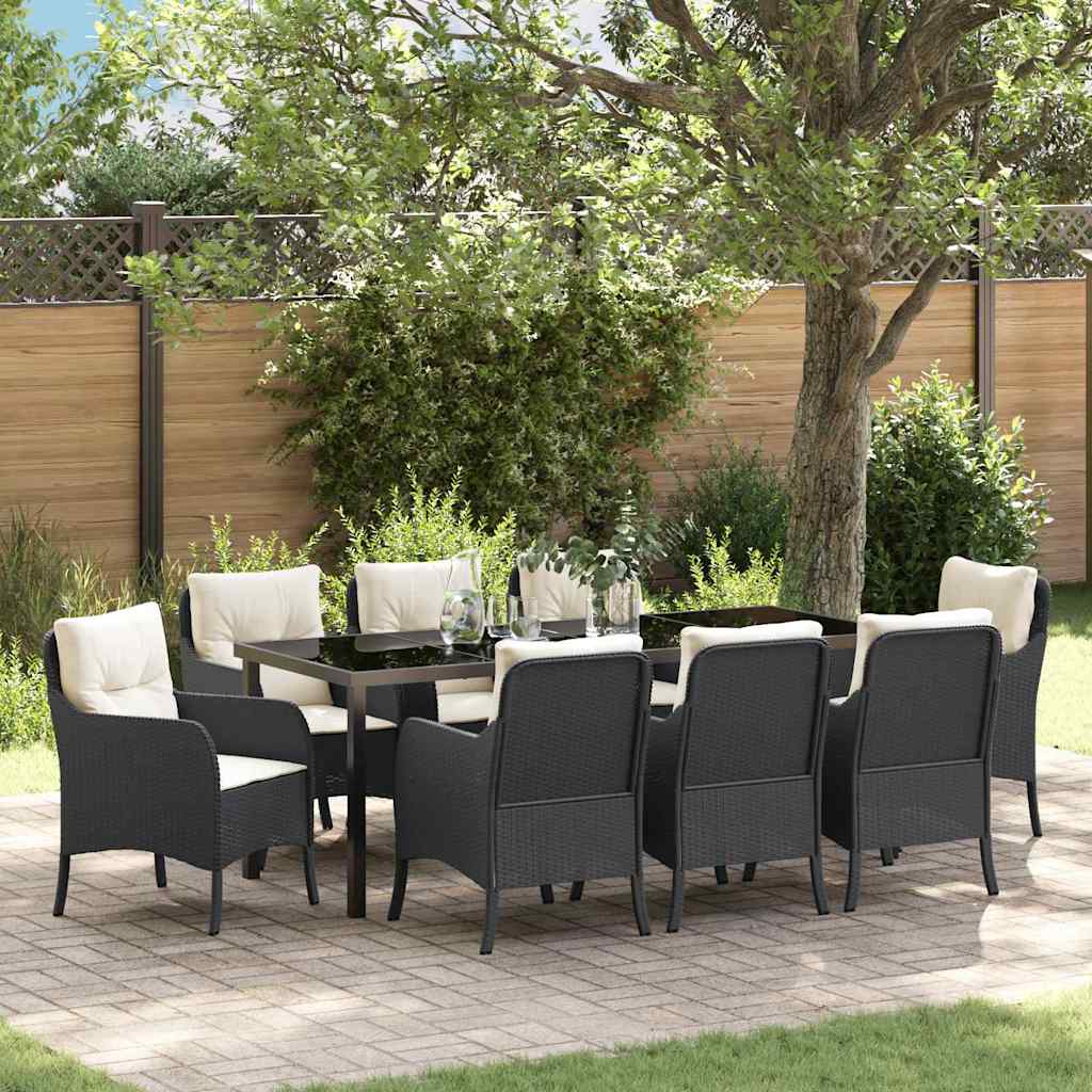 Tuin eettafelset met kussen 9 pcs Zwart poly rattan – afbeelding 1
