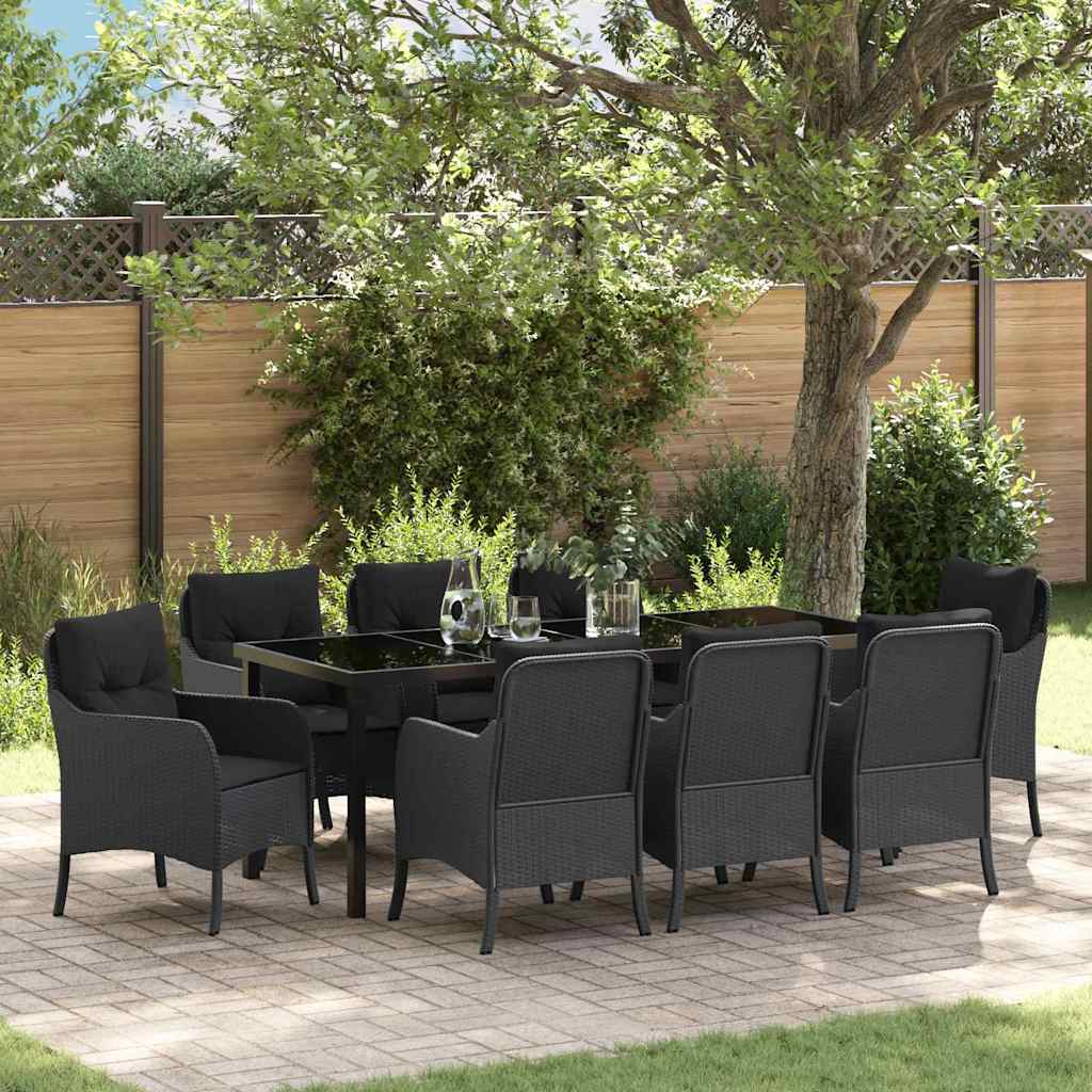 Tuin eettafelset met kussen 9 pcs Zwart poly rattan – afbeelding 1