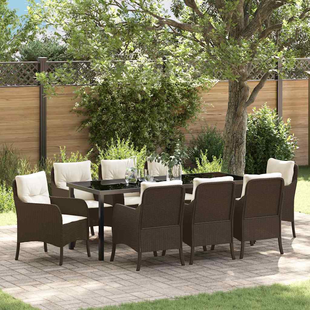 Tuin eettafelset met kussen 9 pcs Bruin poly rattan – afbeelding 1