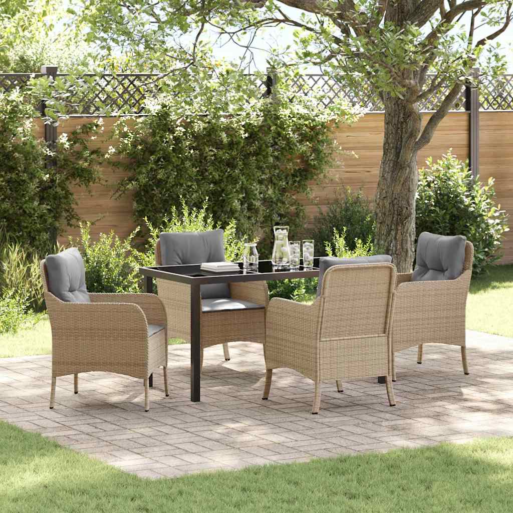 Tuin eettafelset met kussen 5 pcs Beige poly rattan